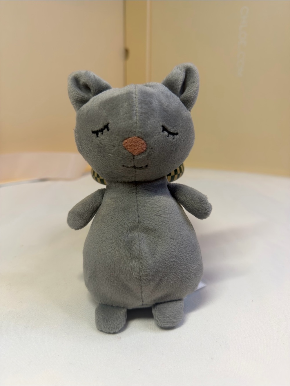 Jellycat Gray Plush Cat with Pink Nose and Check Collar